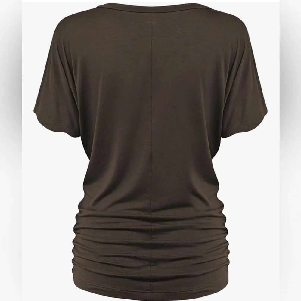 Women's Solid Short Sleeve Boat Neck V Neck Dolman Top with Side Shirring - Picture 3 of 5